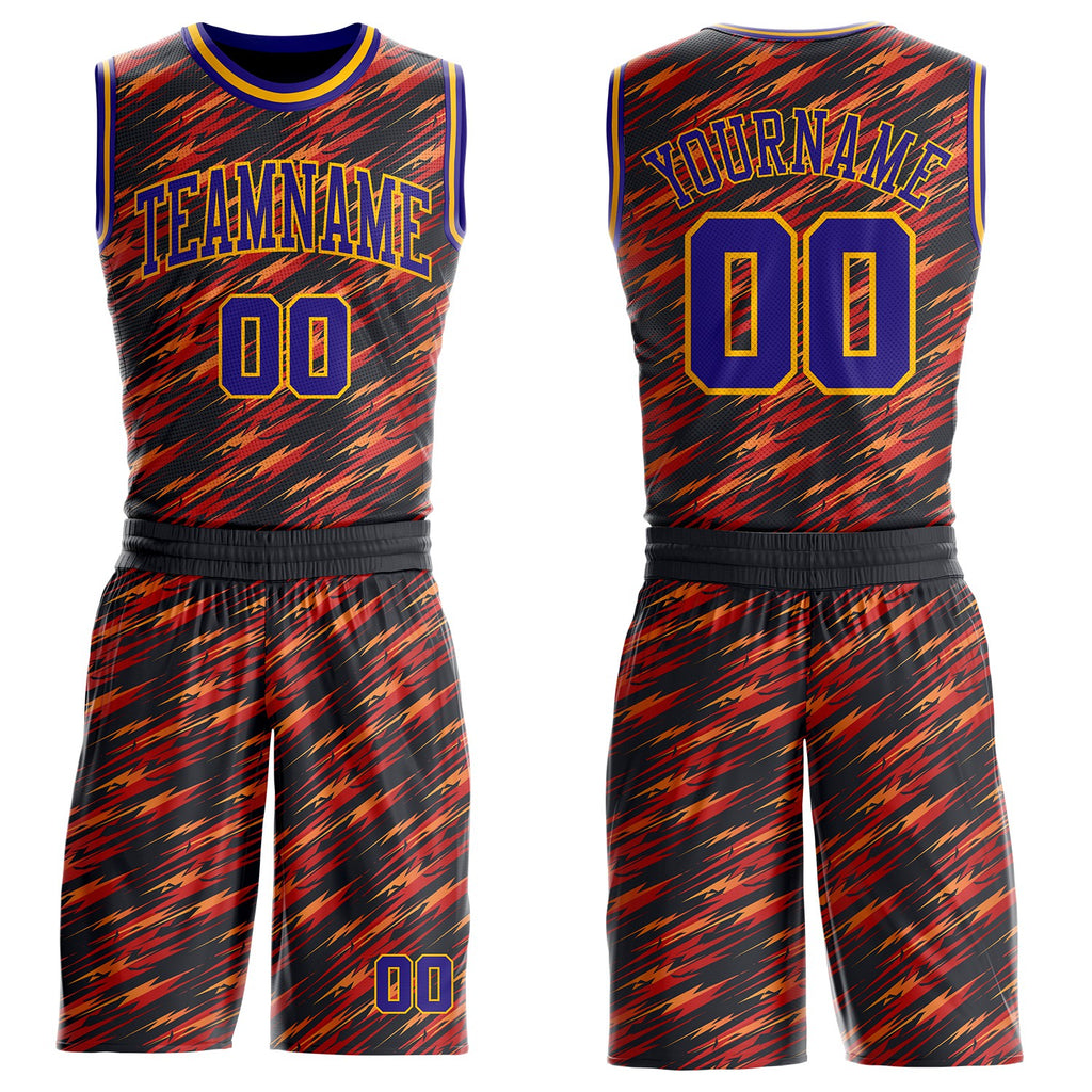 Custom Black Dark Purple Red-Gold Lightning Abstract Round Neck Sublimation Basketball Uniform Jersey