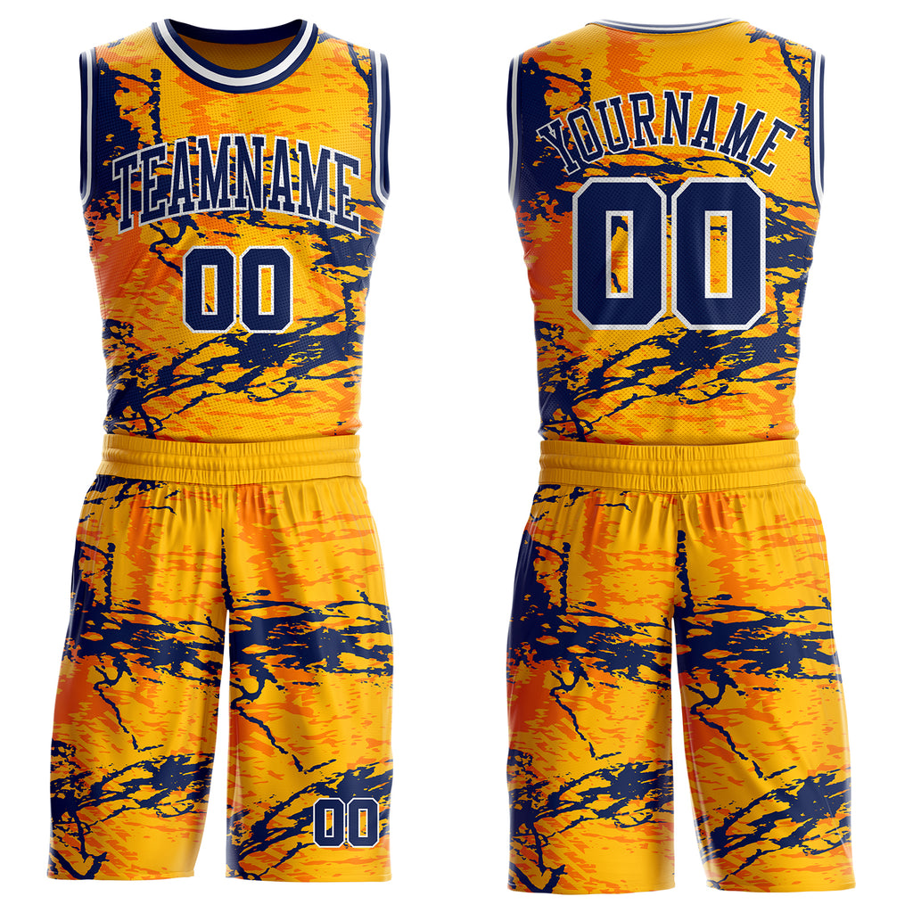 Custom Gold Navy Orange-White Paint Splatter Round Neck Sublimation Basketball Uniform Jersey
