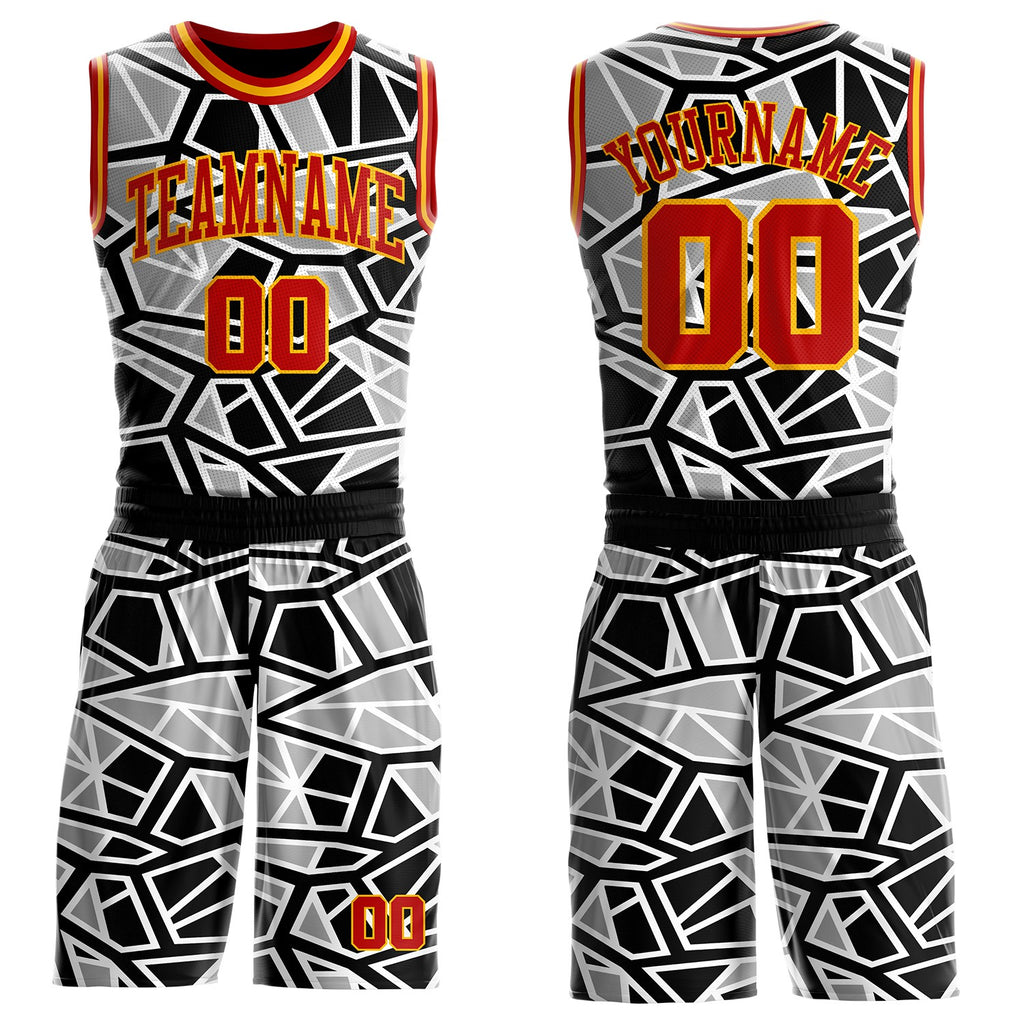 Custom Black Red Gray-Gold Abstract Geometric Shards Round Neck Sublimation Basketball Uniform Jersey