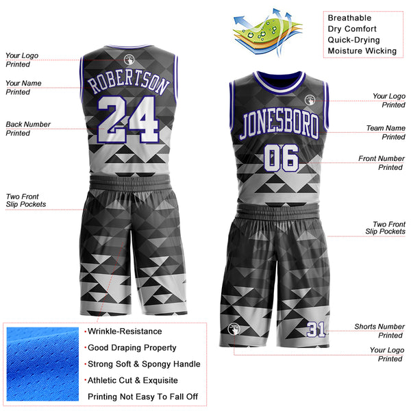 Custom Gray White-Dark Purple Geometric Triangle Round Neck Sublimation Basketball Uniform Jersey