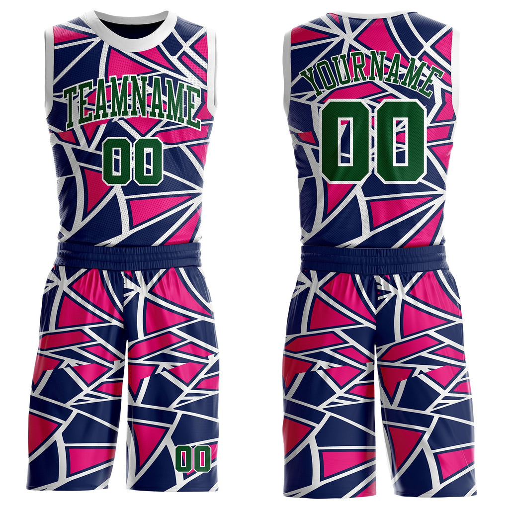 Custom Navy Green Hot Pink-White Abstract Geometric Shards Round Neck Sublimation Basketball Uniform Jersey