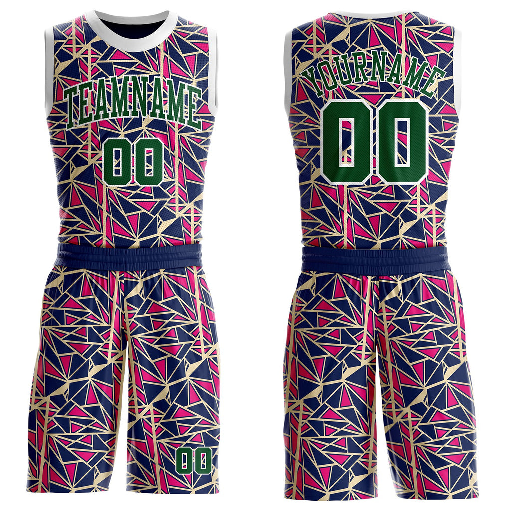 Custom Blue Green Hot Pink-White Abstract Geometric Shards Round Neck Sublimation Basketball Uniform Jersey