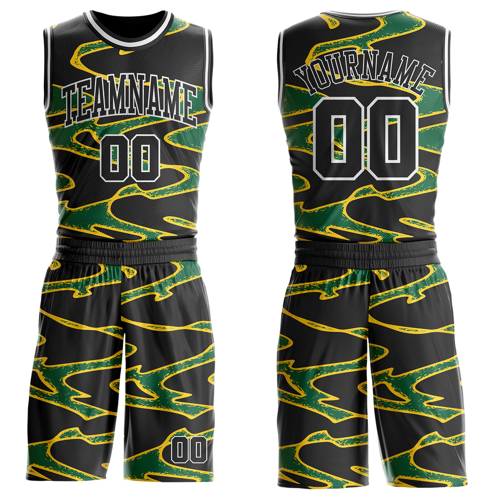 Custom Black Green Yellow-White Abstract Liquid Round Neck Sublimation Basketball Uniform Jersey