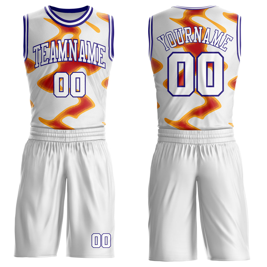 Custom White Red Yellow-Dark Purple Abstract Geometric Round Neck Sublimation Basketball Uniform Jersey