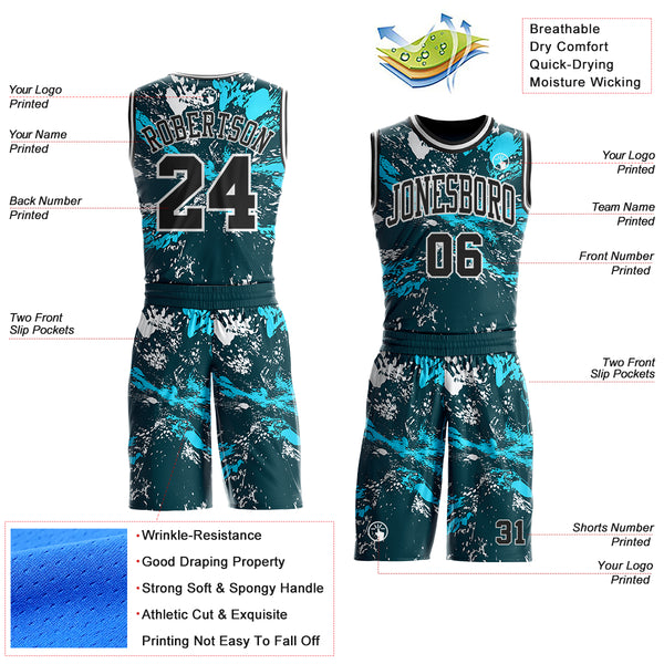 Custom Green Black Lakes Blue-White Paint Splatter Round Neck Sublimation Basketball Uniform Jersey