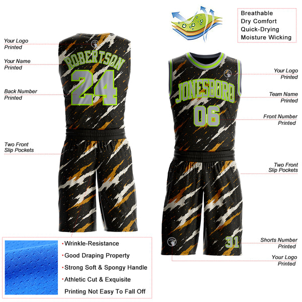 Custom Black Gray Yellow-Neon Green Brush Stroke Abstract Round Neck Sublimation Basketball Uniform Jersey