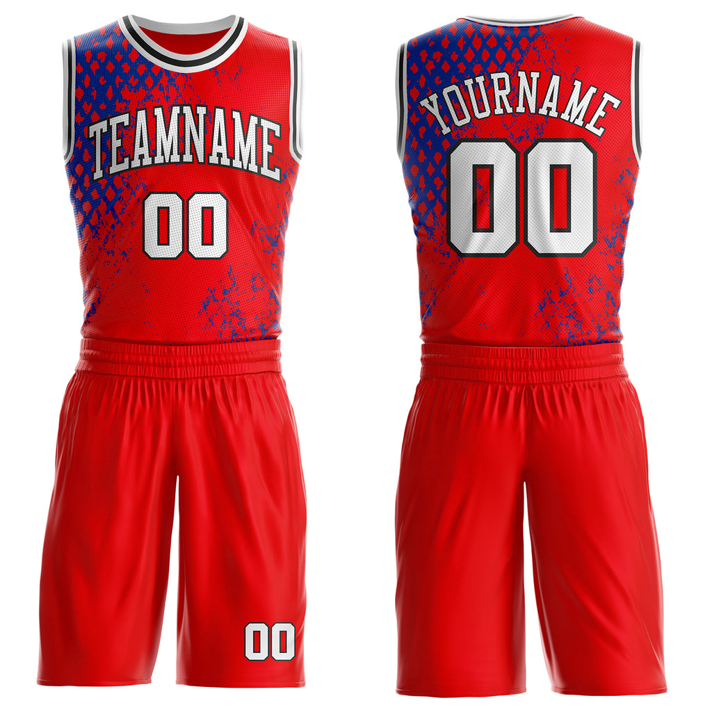 Custom Red White Royal-Black Abstract Geometric Round Neck Sublimation Basketball Uniform Jersey