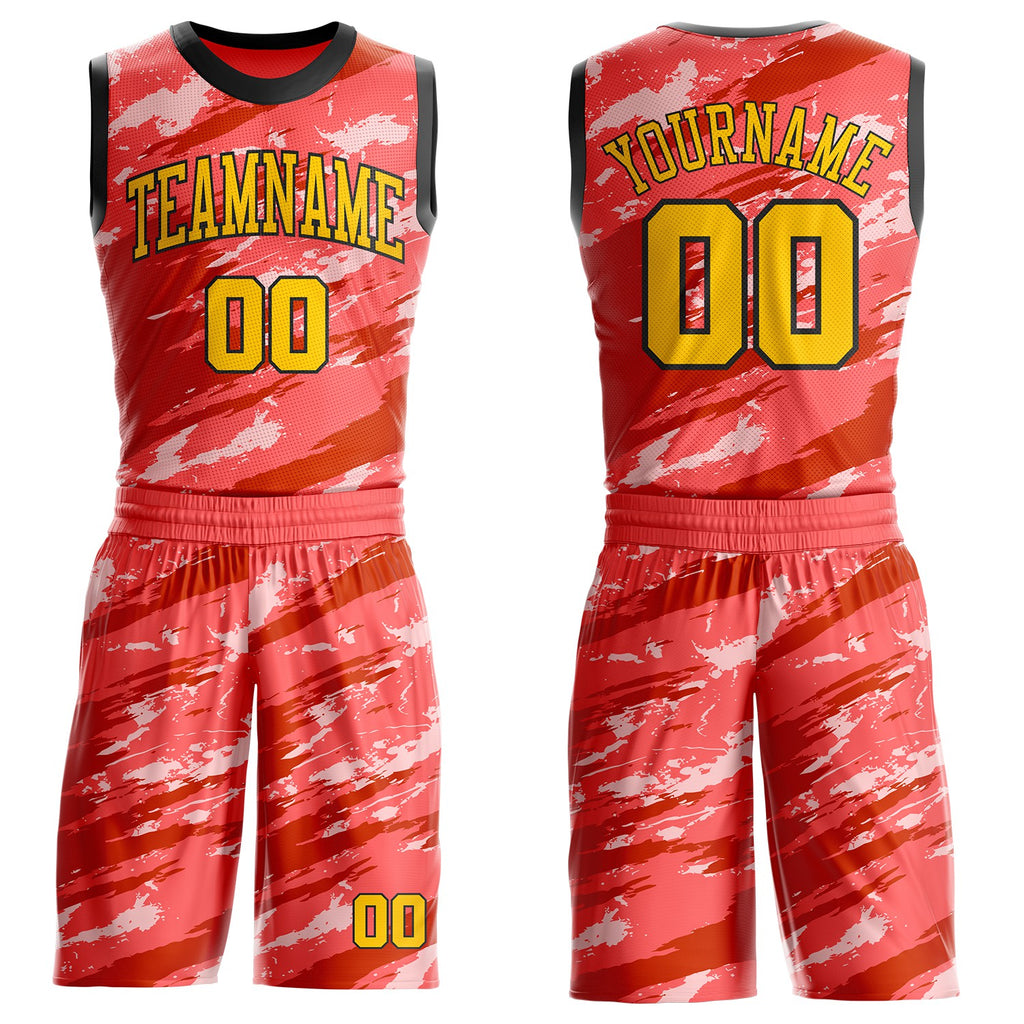 Custom Pink Yellow Red-Black Brush Stroke Abstract Round Neck Sublimation Basketball Uniform Jersey