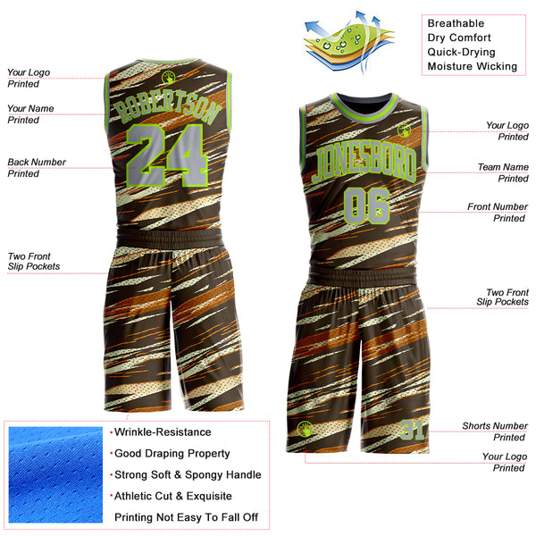 Custom Brown Gray Cream-Neon Green Brush Stroke Abstract Round Neck Sublimation Basketball Uniform Jersey