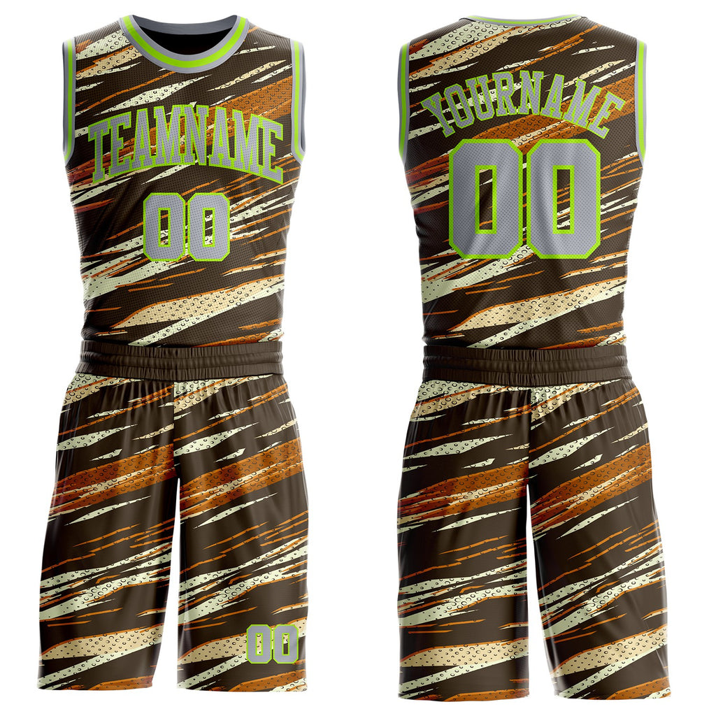 Custom Brown Gray Cream-Neon Green Brush Stroke Abstract Round Neck Sublimation Basketball Uniform Jersey