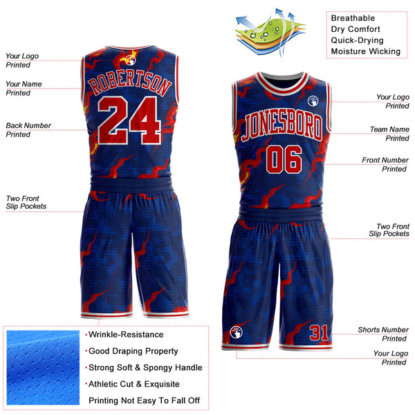 Custom Navy Red-White Irregular Fire Flames Round Neck Sublimation Basketball Uniform Jersey