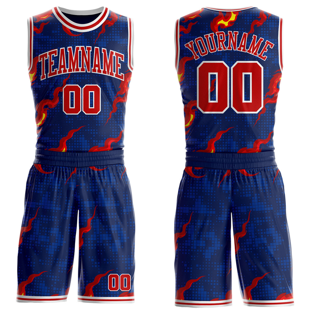 Custom Navy Red-White Irregular Fire Flames Round Neck Sublimation Basketball Uniform Jersey