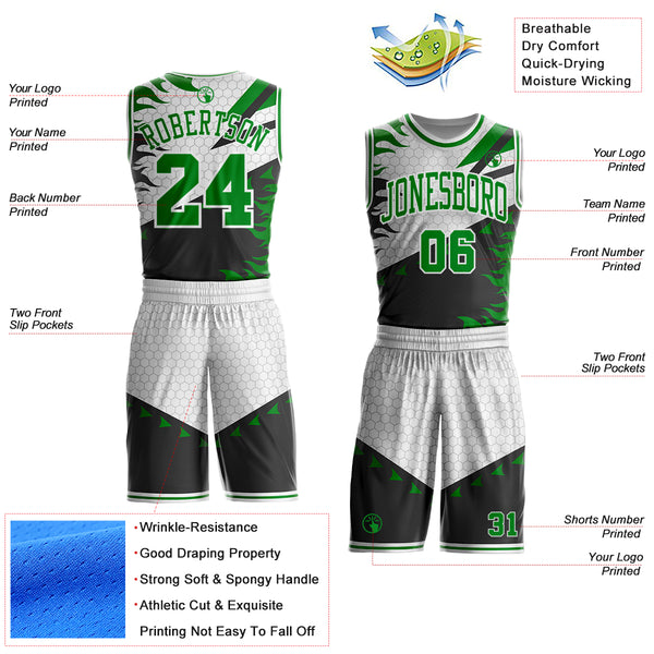 Custom White Grass Green-Black Irregular Fire Flames Round Neck Sublimation Basketball Uniform Jersey
