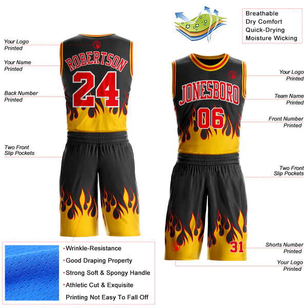 Custom Black Fire Red White-Yellow Blazing Flames Round Neck Sublimation Basketball Uniform Jersey