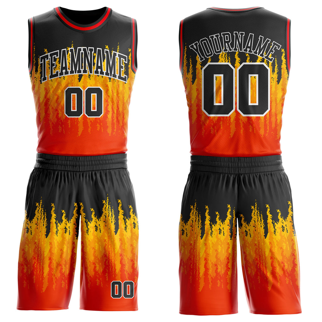 Custom Black Yellow White-Fire Red Blazing Flames Round Neck Sublimation Basketball Uniform Jersey