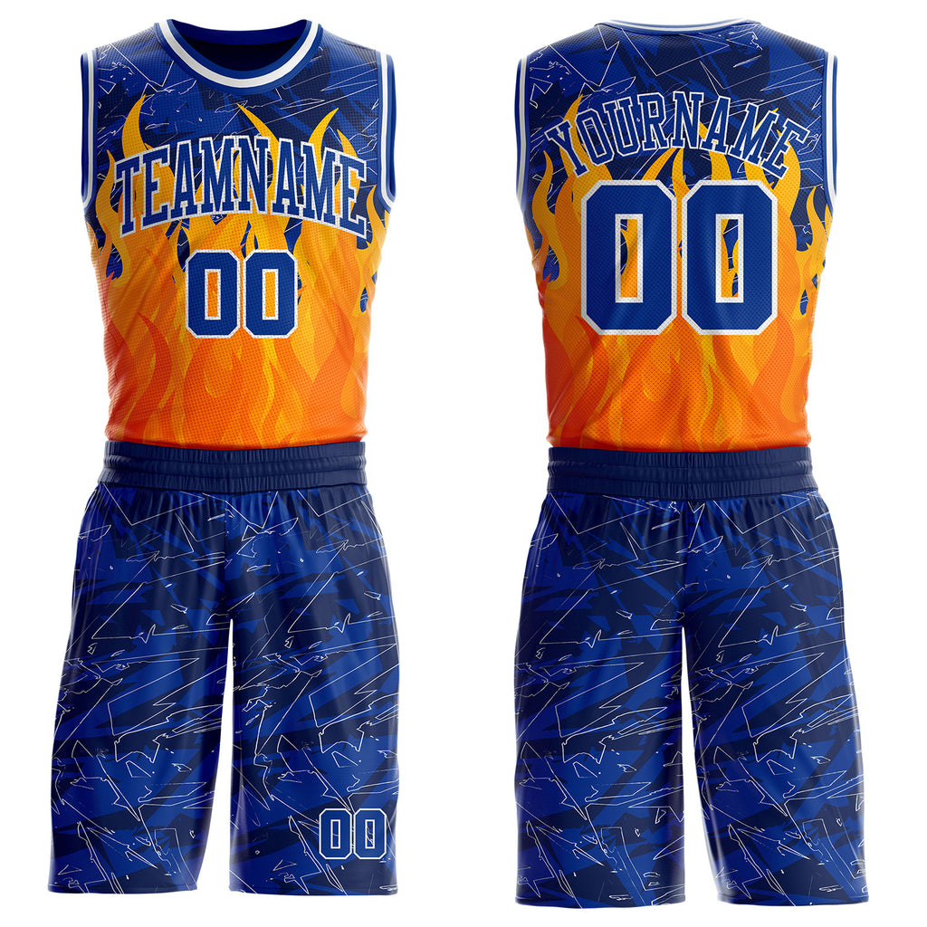Custom Blue Royal Yellow-White Blazing Flames Round Neck Sublimation Basketball Uniform Jersey