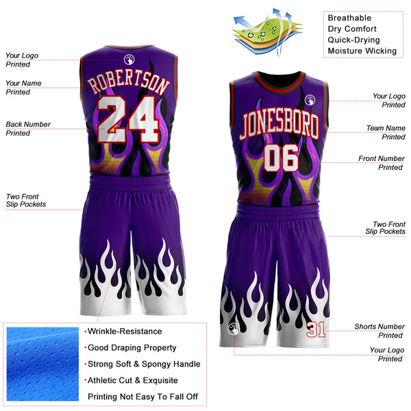 Custom Purple White Red-Black Irregular Fire Flames Round Neck Sublimation Basketball Uniform Jersey