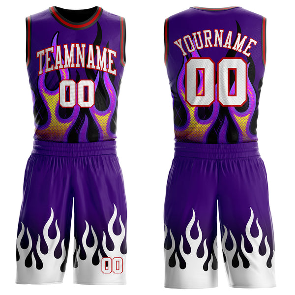 Custom Purple White Red-Black Irregular Fire Flames Round Neck Sublimation Basketball Uniform Jersey