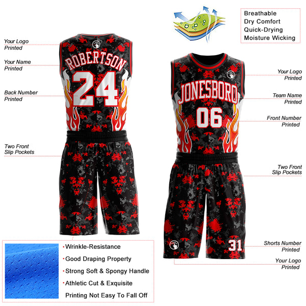 Custom Black White-Fire Red Irregular Fire Flames Round Neck Sublimation Basketball Uniform Jersey