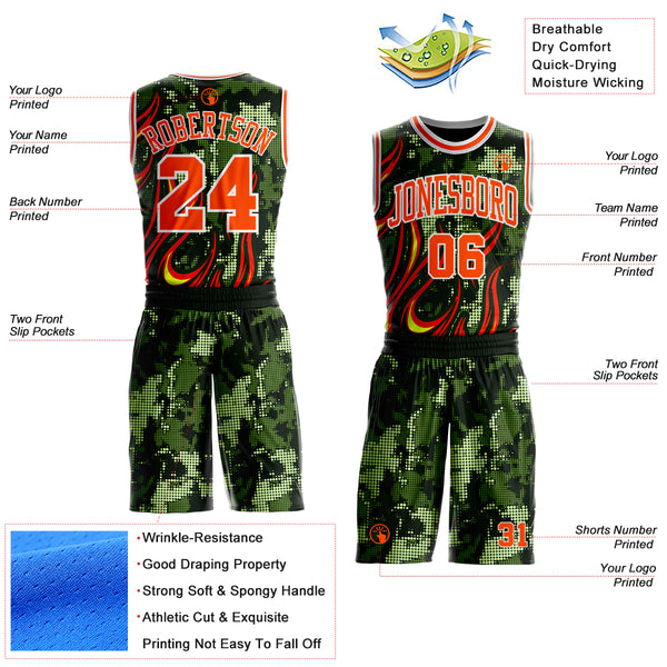 Custom Green Orange-White Irregular Fire Flames Round Neck Sublimation Basketball Uniform Jersey