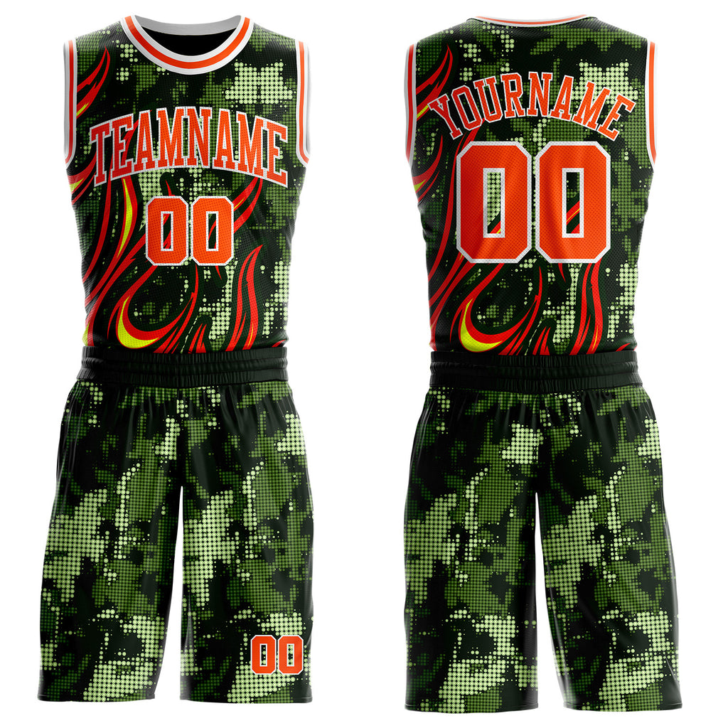 Custom Green Orange-White Irregular Fire Flames Round Neck Sublimation Basketball Uniform Jersey