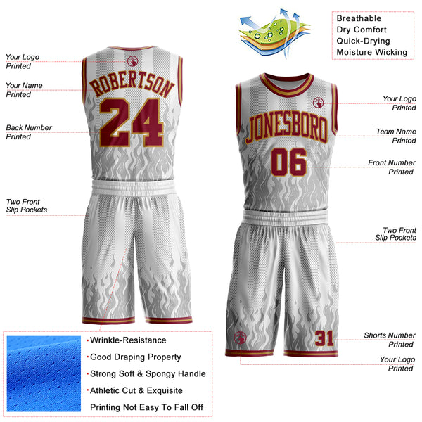 Custom White Crimson Gray-Old Gold Irregular Fire Flames Round Neck Sublimation Basketball Uniform Jersey