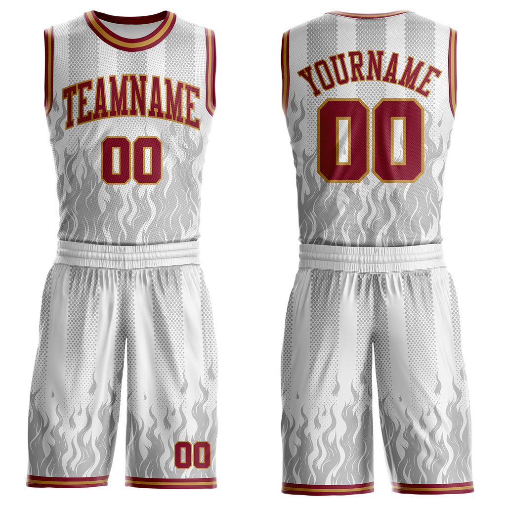 Custom White Crimson Gray-Old Gold Irregular Fire Flames Round Neck Sublimation Basketball Uniform Jersey