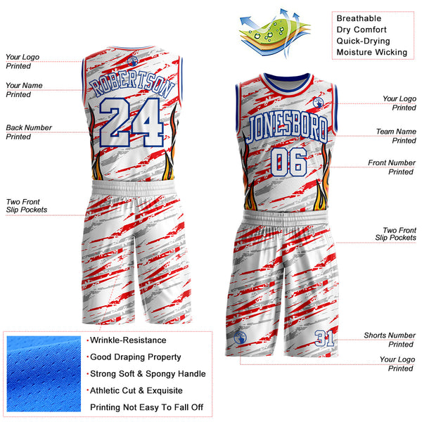 Custom White Royal-Fire Red Irregular Fire Flames Round Neck Sublimation Basketball Uniform Jersey