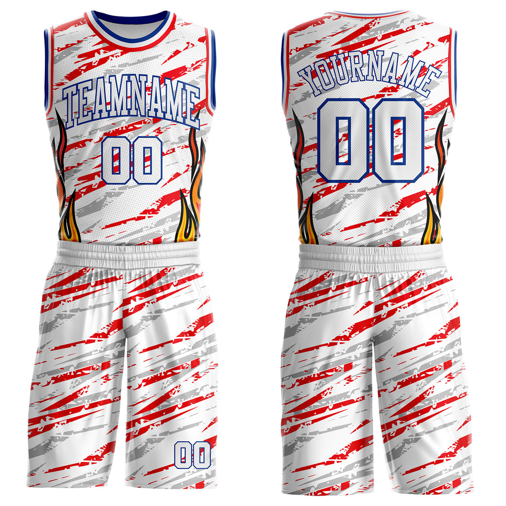 Custom White Royal-Fire Red Irregular Fire Flames Round Neck Sublimation Basketball Uniform Jersey