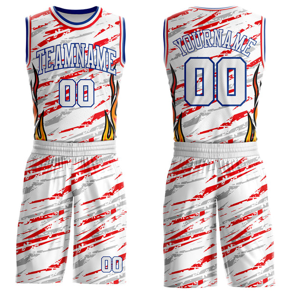Custom White Royal-Fire Red Irregular Fire Flames Round Neck Sublimation Basketball Uniform Jersey