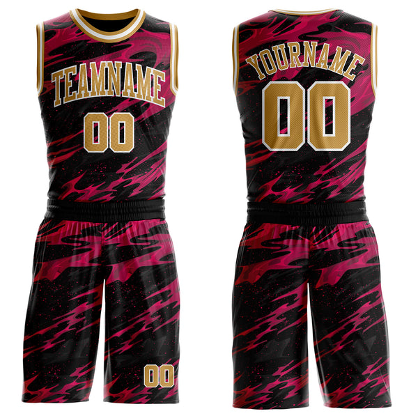 Custom Black Old Gold Hot Pink-White Irregular Fire Flames Round Neck Sublimation Basketball Uniform Jersey