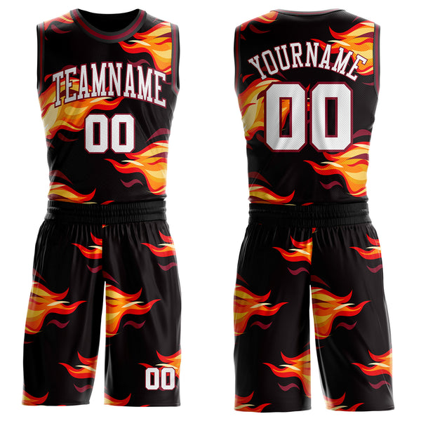 Custom Black White Yellow-Crimson Blazing Flames Round Neck Sublimation Basketball Uniform Jersey