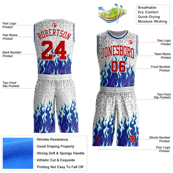 Custom White Red Gray-Royal Blazing Flames Round Neck Sublimation Basketball Uniform Jersey