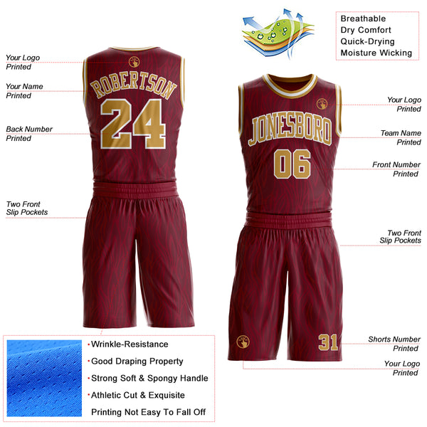 Custom Crimson Old Gold-White Irregular Fire Flames Round Neck Sublimation Basketball Uniform Jersey