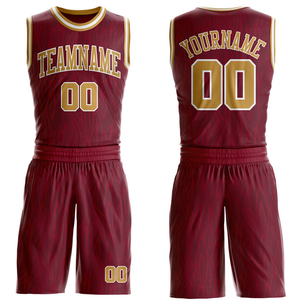 Custom Crimson Old Gold-White Irregular Fire Flames Round Neck Sublimation Basketball Uniform Jersey
