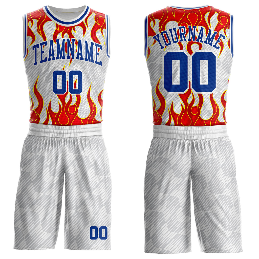 Custom White Royal Gray Red-Yellow Blazing Flames Round Neck Sublimation Basketball Uniform Jersey