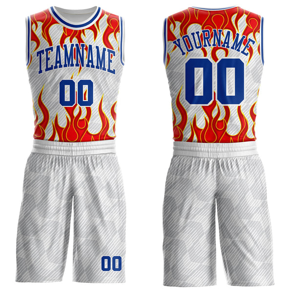 Custom White Royal Gray Red-Yellow Blazing Flames Round Neck Sublimation Basketball Uniform Jersey
