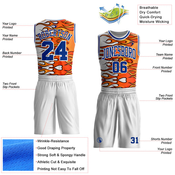 Custom White Royal-Orange Blazing Flames Round Neck Sublimation Basketball Uniform Jersey