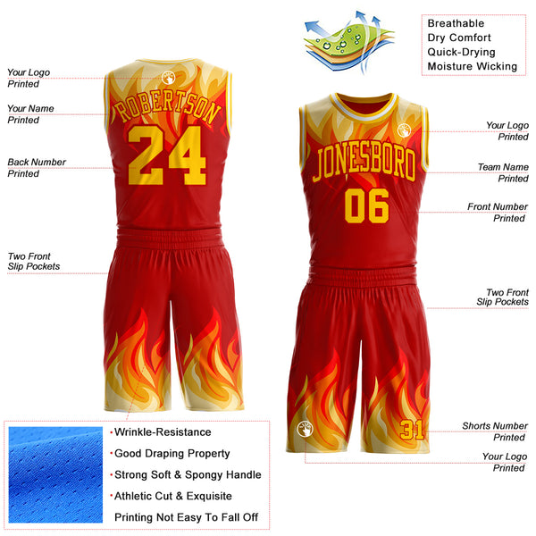 Custom Red Yellow-White Blazing Flames Round Neck Sublimation Basketball Uniform Jersey