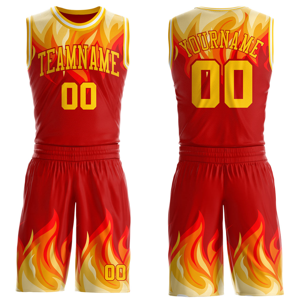 Custom Red Yellow-White Blazing Flames Round Neck Sublimation Basketball Uniform Jersey