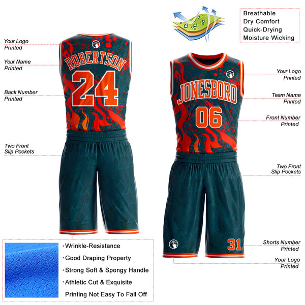 Custom Blue Orange Red-White Irregular Fire Flames Round Neck Sublimation Basketball Uniform Jersey