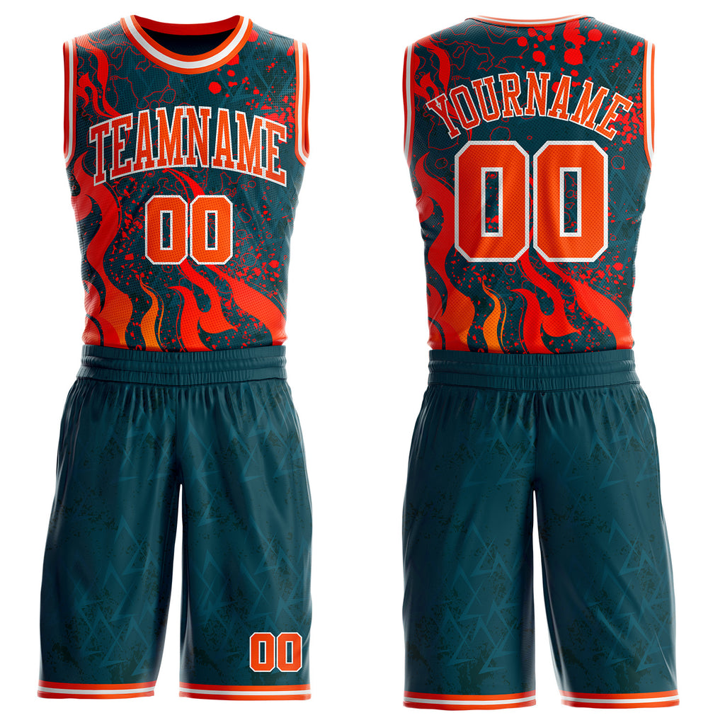 Custom Blue Orange Red-White Irregular Fire Flames Round Neck Sublimation Basketball Uniform Jersey