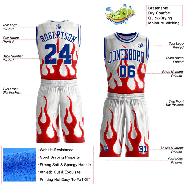 Custom White Royal-Red Blazing Flames Round Neck Sublimation Basketball Uniform Jersey