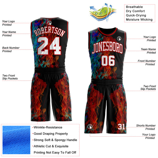Custom Black White Blue-Red Blazing Flames Round Neck Sublimation Basketball Uniform Jersey
