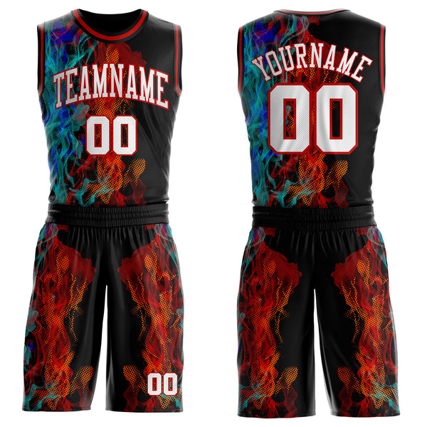 Custom Black White Blue-Red Blazing Flames Round Neck Sublimation Basketball Uniform Jersey