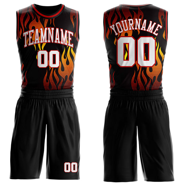 Custom Black White Yellow-Red Irregular Fire Flames Round Neck Sublimation Basketball Uniform Jersey