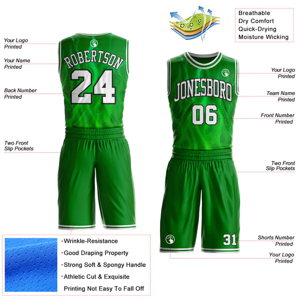 Custom Grass Green White-Black Irregular Fire Flames Round Neck Sublimation Basketball Uniform Jersey
