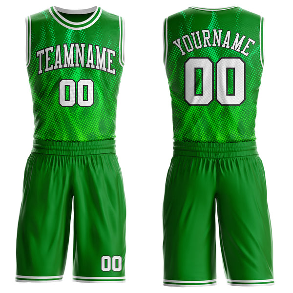 Custom Grass Green White-Black Irregular Fire Flames Round Neck Sublimation Basketball Uniform Jersey