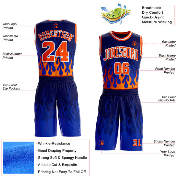 Custom Blue Orange-White Irregular Fire Flames Round Neck Sublimation Basketball Uniform Jersey