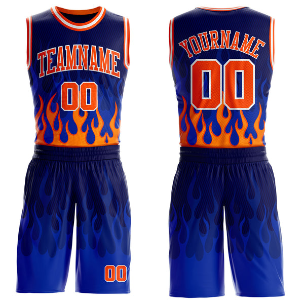 Custom Blue Orange-White Irregular Fire Flames Round Neck Sublimation Basketball Uniform Jersey
